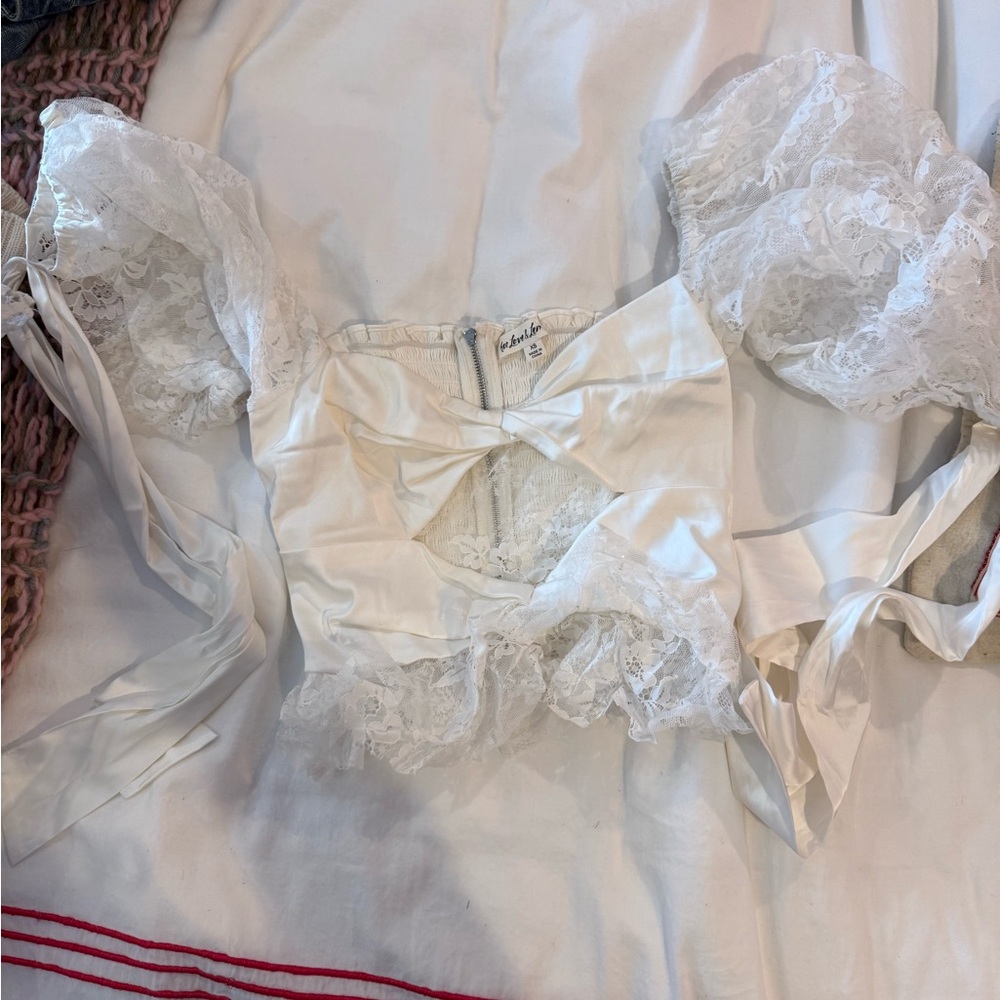 For Love and Lemons Lace Trim Satin Top in White